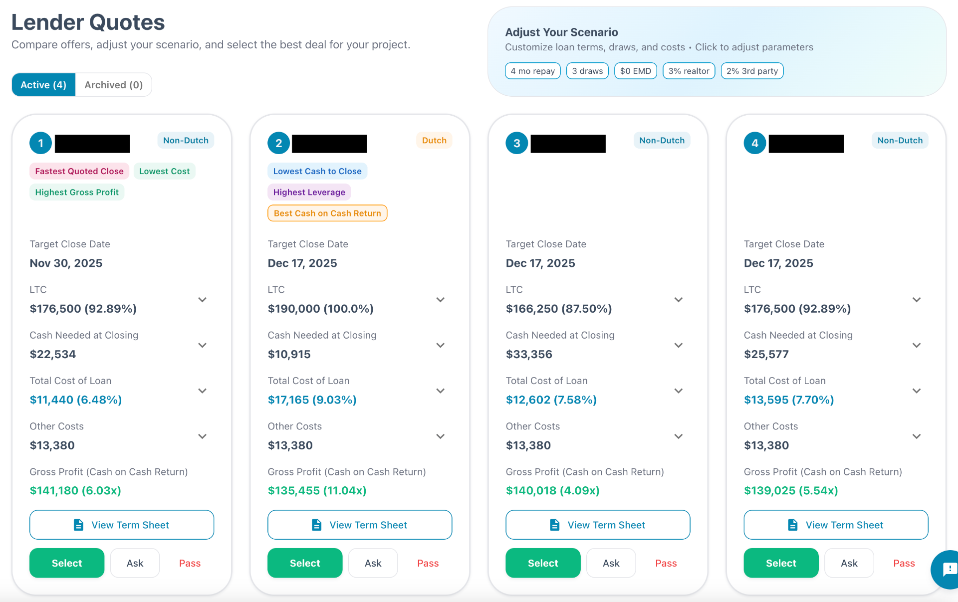 Quote summary comparison showing multiple lender offers side by side