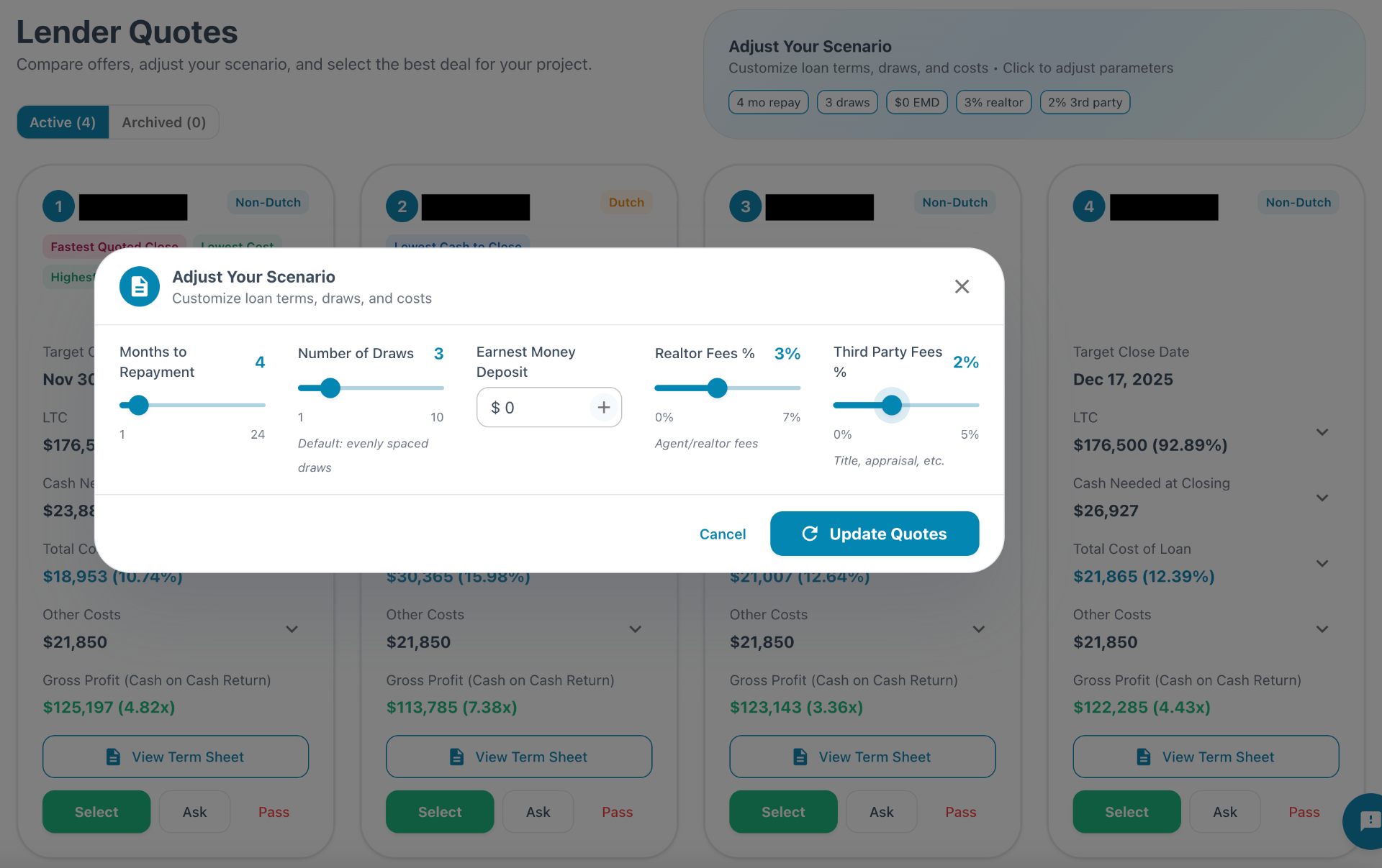 Adjust your scenario to see how loan costs change based on hold time and draws